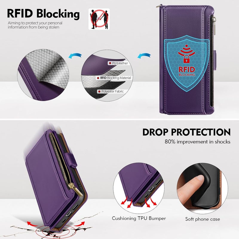 Antsturdy Compatible with iPhone 16 Pro Max Wallet Case,RFID Blocking PU Leather Phone Case Women Men Kickstand flip Cover Wrist Strap Zipper Credit Card Holder Slots for Apple 16 ProMax,Purple - Image 5